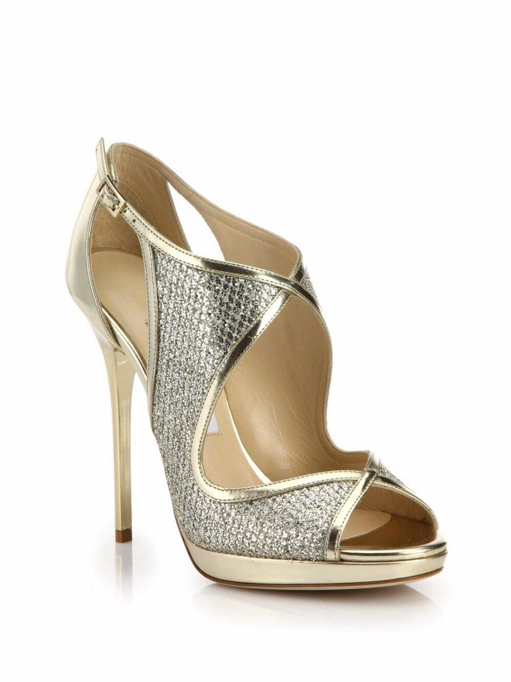 JIMMY CHOO LEONDRA GLITTER SILVER GOLD Cut Out Cage SANDALS Heels EU 39